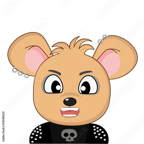 A cute little mouse dressed as a rock star with make-up, piercings and a T-shirt with a skull