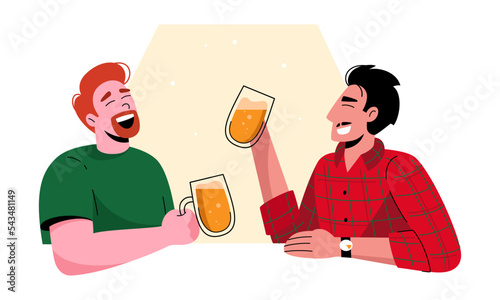 Two men are drinking beer. Flat vector illustration of having fun.