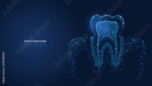 Futuristic abstract symbol tooth structure. Wireframe concept of healthy teeth, oral hygiene, dental care. Low poly geometric 3d wallpaper background vector illustration.