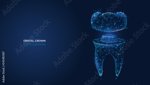 Futuristic abstract dental crown symbol. Wireframe concept of healthy restored teeth. Low poly geometric 3d wallpaper background vector illustration.