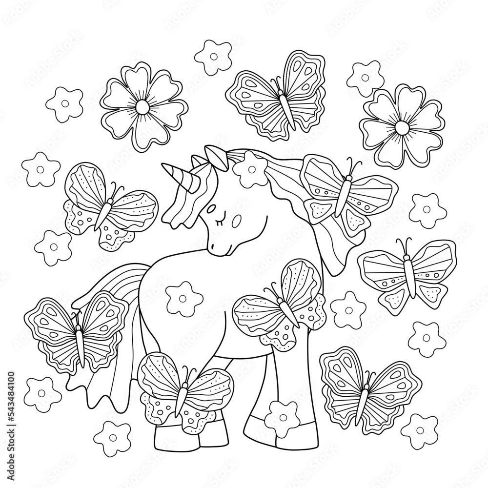 Cute unicorn surrounded by butterflies. Coloring page with an animal ...