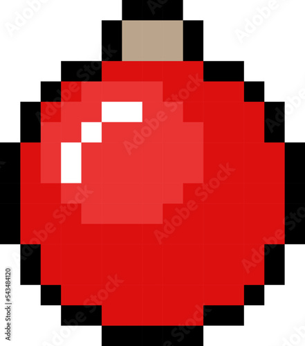 Single red pixel Christmas bauble isolated on white background. 8 bit retro style icon. Pixel art. Vector illustration.