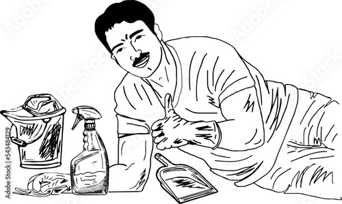 Man cleaning floor vector and illustration, housekeeping and cleaning concept sketch drawing, wiping dust using a spray and a duster while cleaning on floor at home clip art and symbol