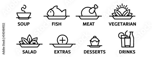 Restaurant Café menu vector icon set. Isolated meal sign set design.