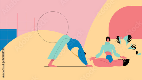 Men and Women doing yoga, wellness and mindfulness illustration with sweet color