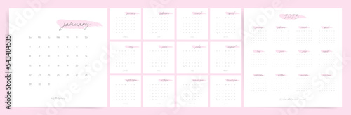 Minimal square 2023 calendar design. Week starts on Sunday. Editable clean and elegant calendar page template. Minimalist trendy design for desktop design calendar planner. Set of 12 months