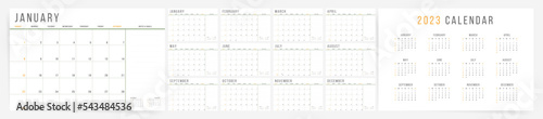 2023 calendar planner template. Annual vector corporate classic calendar for 2023 year. Printable set of 12 pages with place for notes.