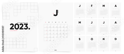 Calendar 2023 template. Week starts Sunday. Modern Minimal clean white design template vector set of 12 months pages.
