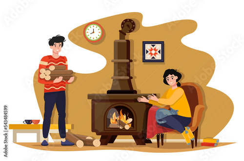 Man and woman warming their home by burning wooden logs in modern stove. People wearing warm clothes freezing at home in winter. Heating in the room. Flat vector illustration.