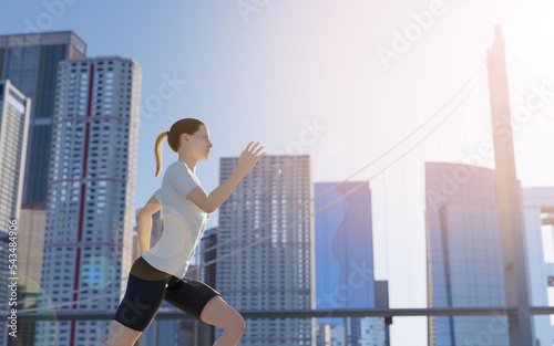 Running woman. Runner jogging in sunny bright light. Female fitness model training outside near bridge in City. 3d rendering.