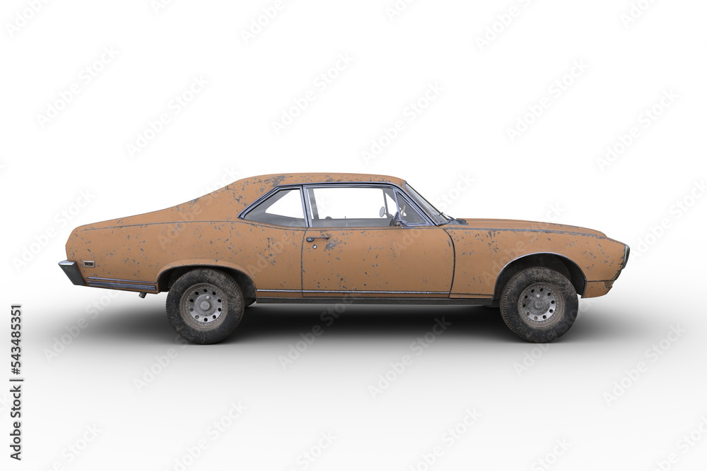 Side view 3D rendering of an old retro American muscle car with rusty yellow body isolated on transparent background.