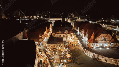 aerial image of Vila Germânica Park at night, Blumenau city, Santa Catarina, southern Brazil, oktoberfest, easterfest, decoration, lights