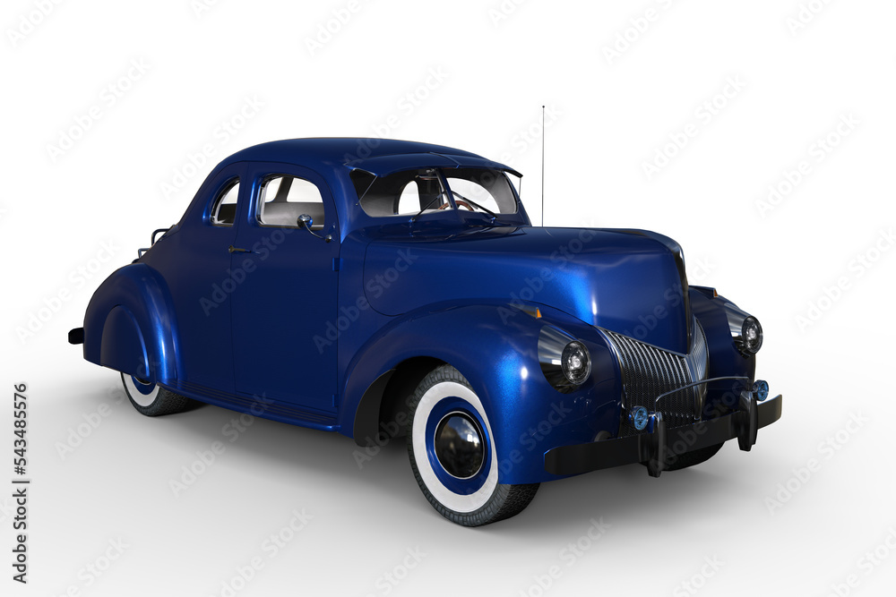 3D illustration of an old blue vintage American car isolated on white.