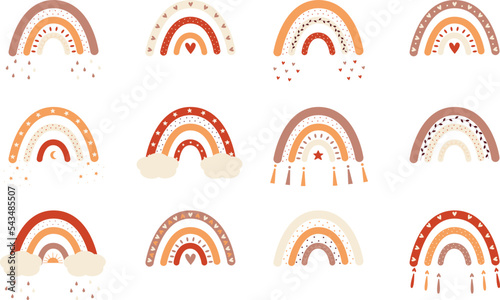 Set of boho rainbow with hearts and stars in flat style - beige and orange colors