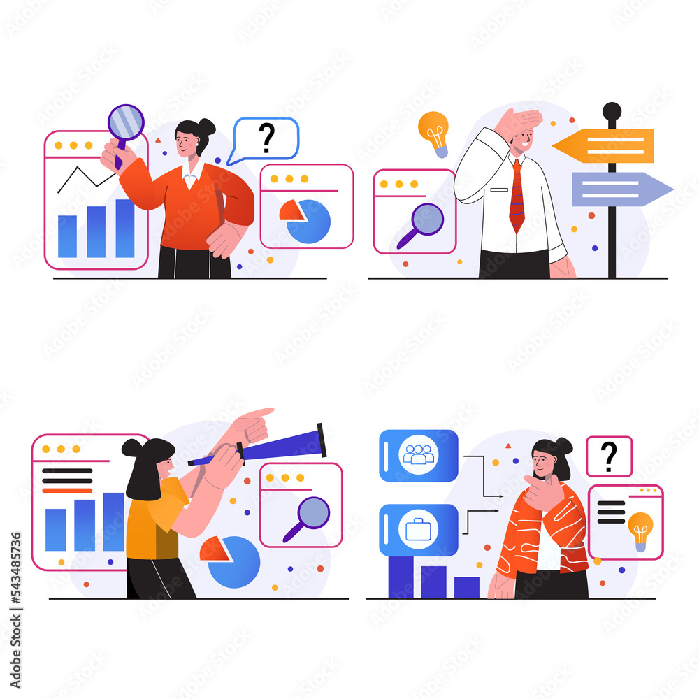 Searching opportunities concept scenes set. People looking for vacancies in company, finding job, HR management, recruiting, human resources. Illustration collection in trendy flat design