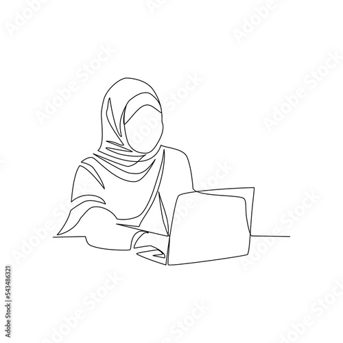 Vector illustration of a woman working on a laptop drawn in line-art style