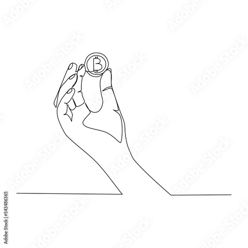 Vector illustration of a hand holding a coin drawn in line-art style