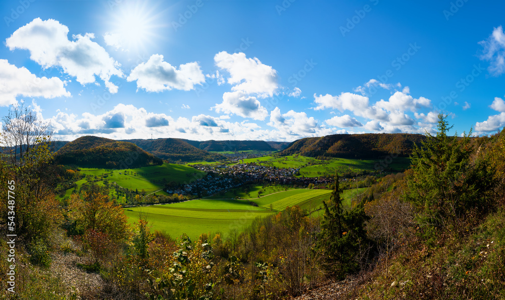 View from Haarberg mountain onto hill landscape in autumn