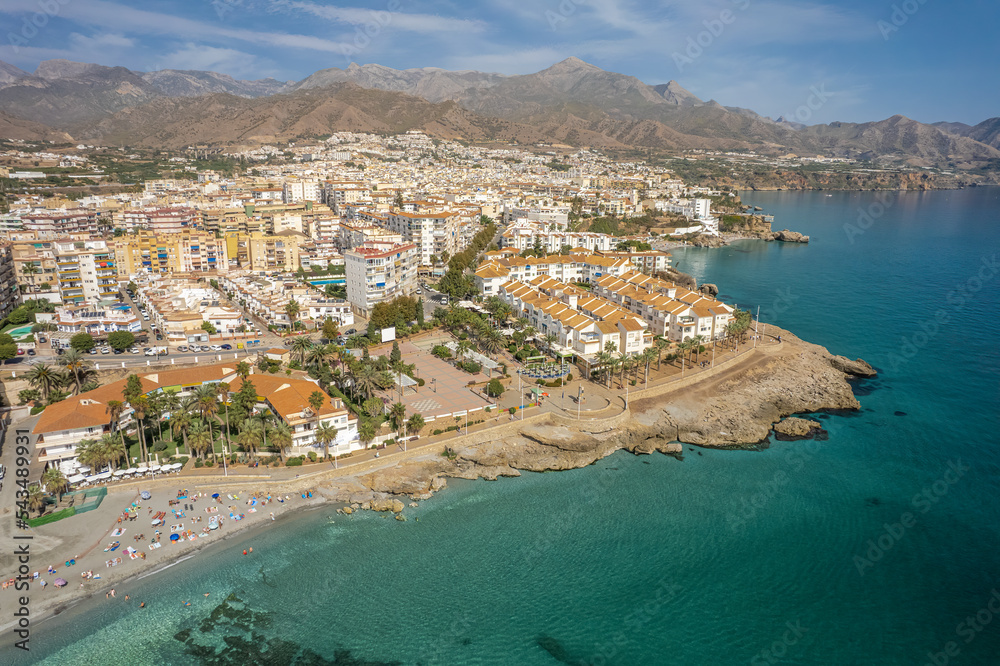 The drone aerial view of Nerja, Andalusia, Spain. Nerja is a municipality on the Costa del Sol in the province of Málaga in the autonomous community of Andalusia in southern Spain.