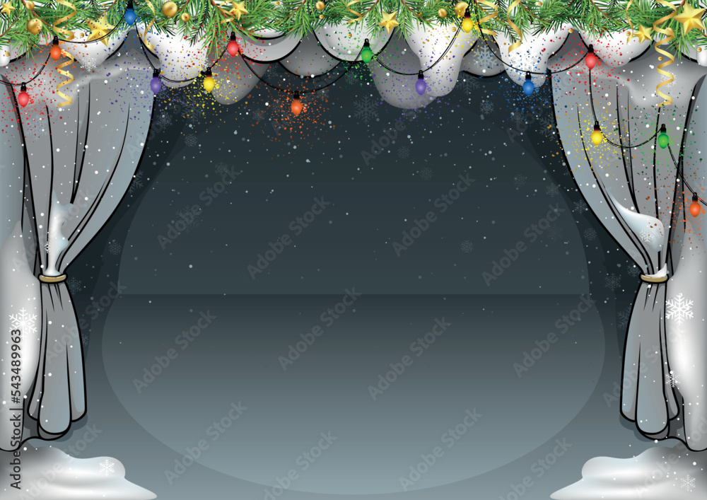 Winter Snowy Theater Stage with Christmas Lights and Decorations - Colored Cartoon Illustration, Vector - obrazy, fototapety, plakaty 