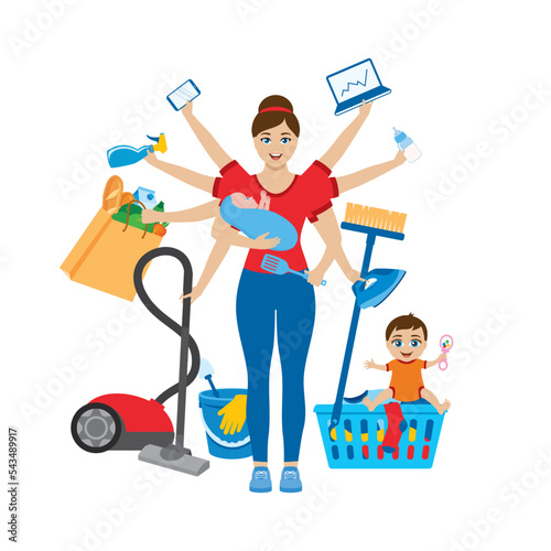 Hardworking housewife icon vector. Cleaning woman icon vector isolated on a white background. Hard working woman with children illustration. Working mom drawing photo