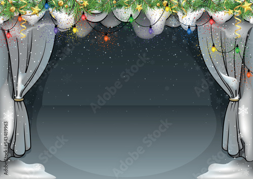 Winter Snowy Theater Stage with Christmas Lights and Decorations - Colored Cartoon Illustration, Vector