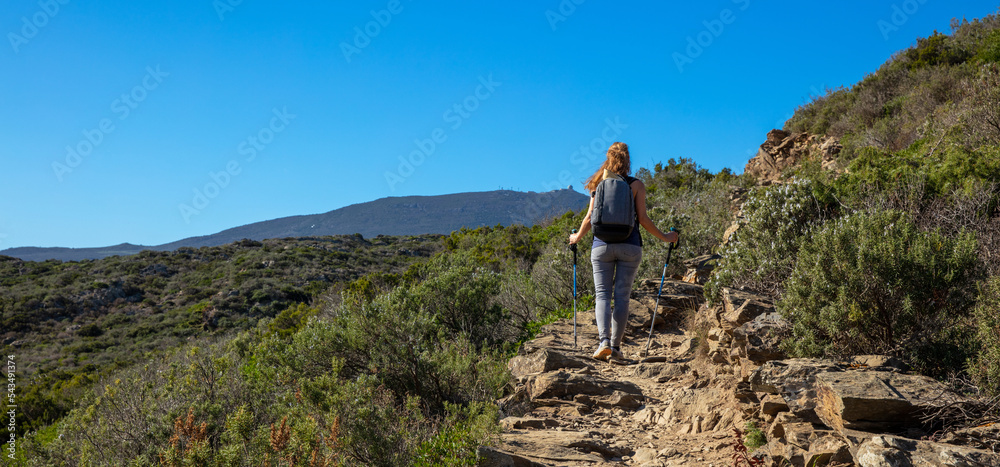 Woman tourist hiking in Countryside- Catalonia,  Spain