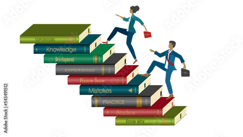Man and woman running in stair of books. Isolated on white. Vector illustration.
