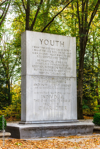 Granite stone tablet measuring 21-feet tall inscribed with quote from President Theodore Roosevelt on Youth at the memorial on Theodore Roosevelt Island in Washington, DC photo