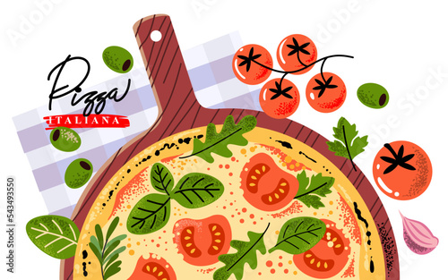 Pizza margherita with tomato, cheese, basil top view. Flat traditional italian