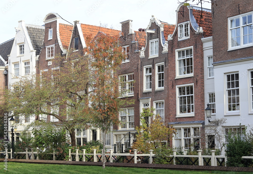 Amsterdam Begijnhof Courtyard Traditional Brick House Facades with Autumn Trees, Netherlands