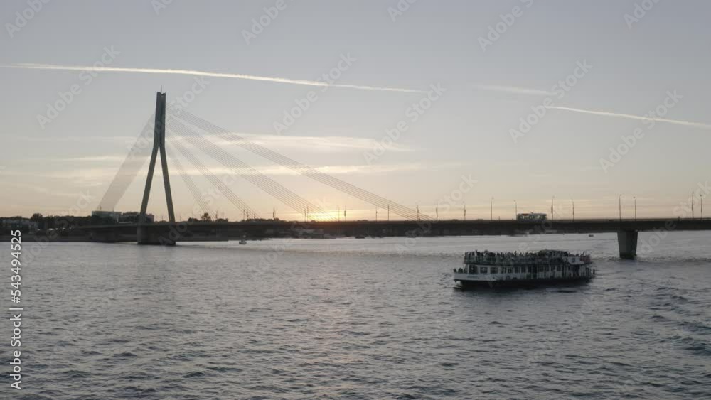 Riga Cable-stayed bridge drone flies low over the river Riga Cable-stayed bridge drone flies low over the river