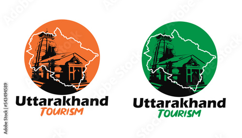 Uttarakhand tourism 2 types logo with uttarakhand map and kedarnath temple silhouette art. photo