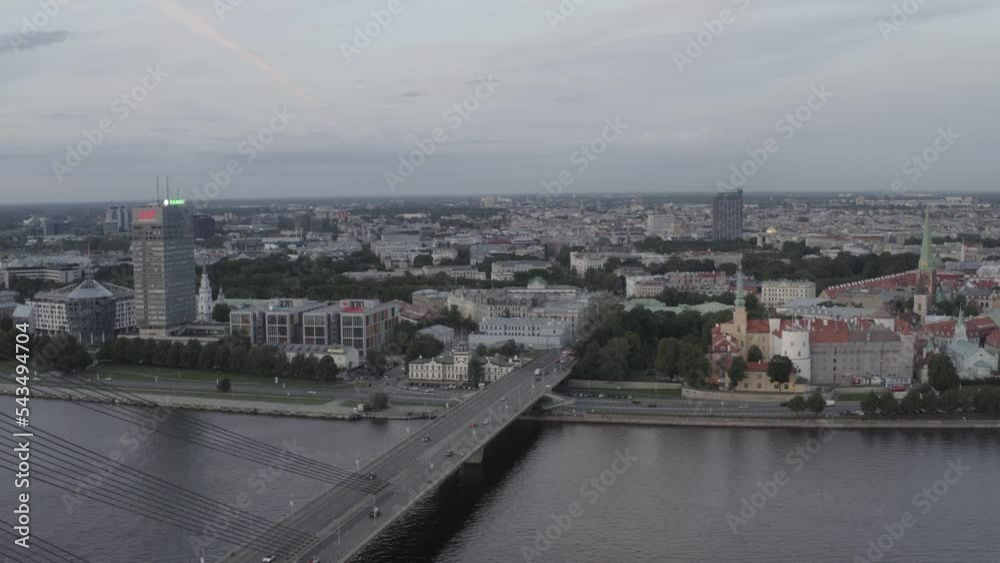Riga Cable-stayed bridge drone going down beside Riga Cable-stayed bridge drone going down beside