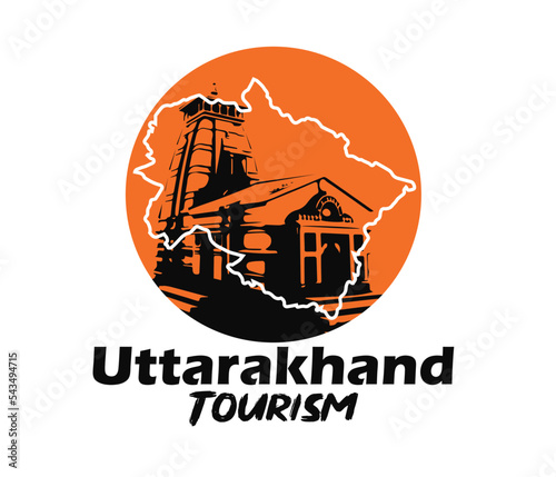 Uttarakhand tourism logo with uttarakhand map and kedarnath temple silhouette art. photo