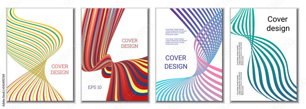 A set of 4 abstract covers. Wavy parallel gradient lines, ribbons evolve. Cover design, background. Trendy banner, poster. A set of 4 abstract covers. Wavy parallel gradient lines, ribbons evolve. Cover design, background. Trendy banner, poster.