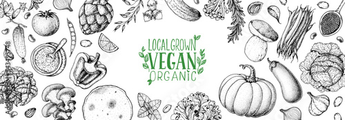 Vegan food frame. Hand drawn vector illustration. Menu design template. Vegan food sketch. Vintage design template. Product design. Great for packaging, recipe book, menu. Vegetarian food sketch.