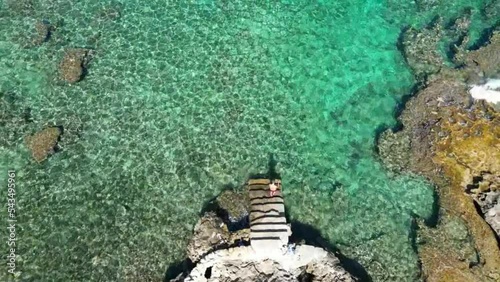 Aerial view of crystal clear sea with rocky coast photo