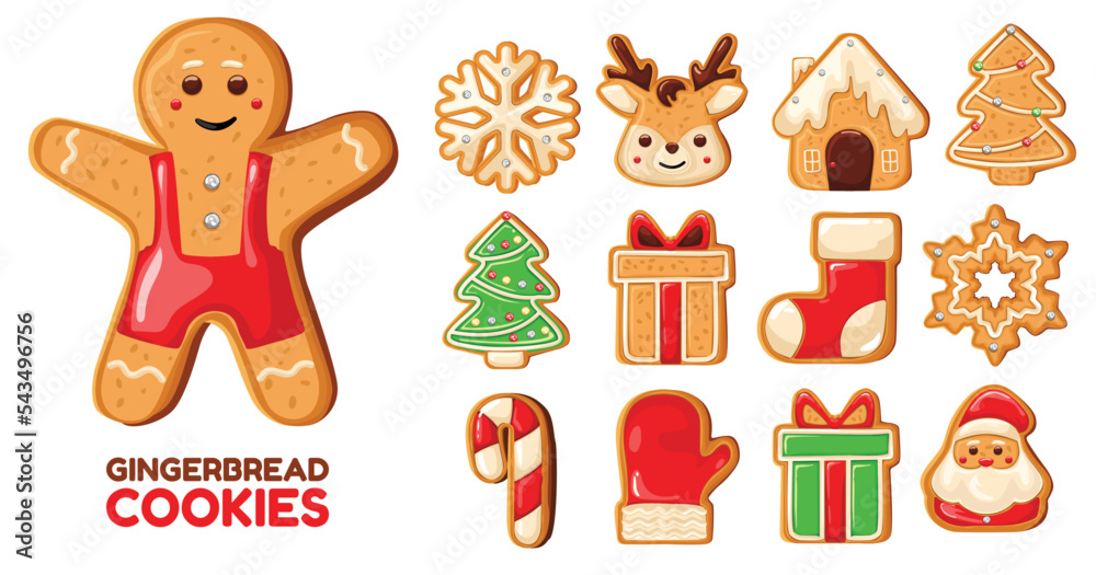 Naklejka premium Set of cute gingerbread cookies for christmas.