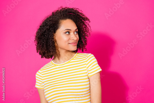 Photo of young attractive cute nice girl wear striped t-shirt look empty space ad girlfriend shopping sale isolated on pink color background © deagreez