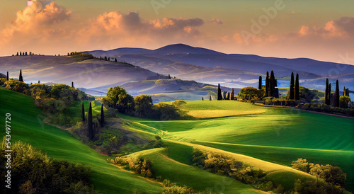 Beautiful and miraculous colors of spring panorama landscape of Tuscany, Italy. Tuscany landscape with grain fields, cypress trees and houses on the hills at sunset. 