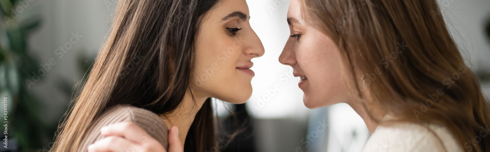 Side view of young woman hugging partner at home, banner Side view of young woman hugging partner at home, banner