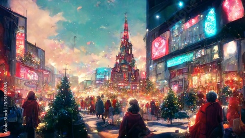 Fantastic Christmas Cityscape, Beautiful Abstract Illustration on Blurred background