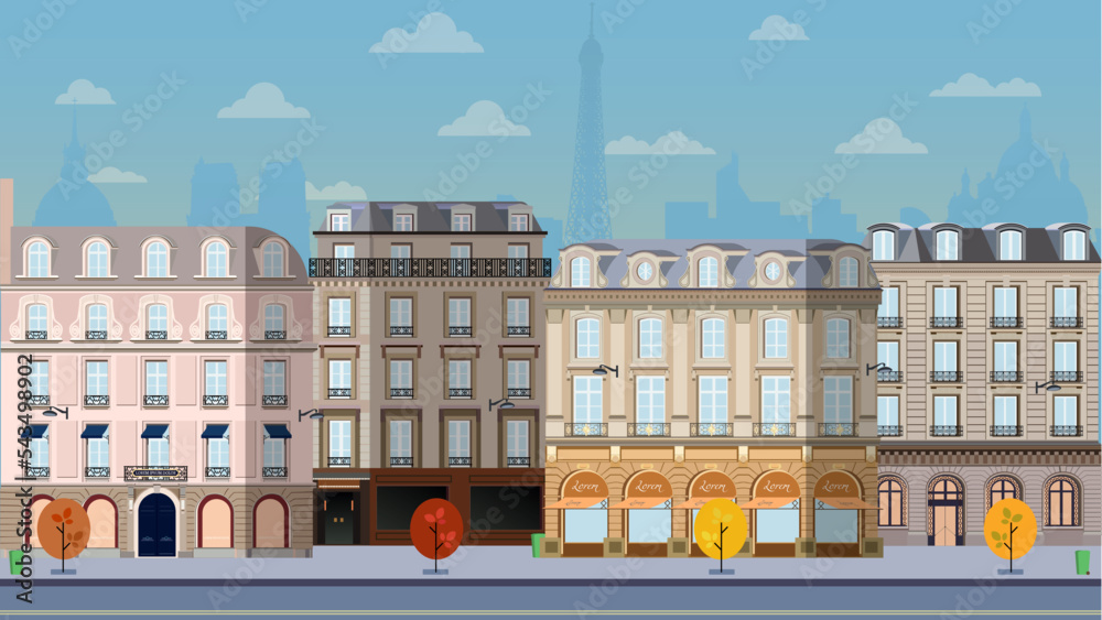 vector illustration day in paris. Classical architecture of the central streets of Paris. Typical facades of Parisian houses