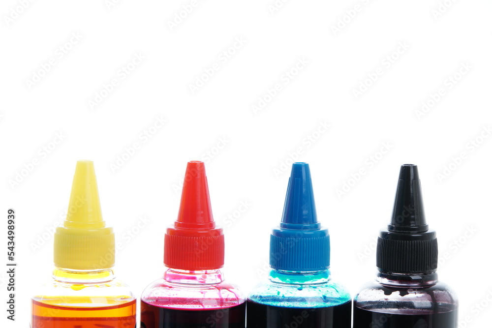 Ink Bottle Set Isolated for Printer on White Background Ink Bottle Set Isolated for Printer on White Background