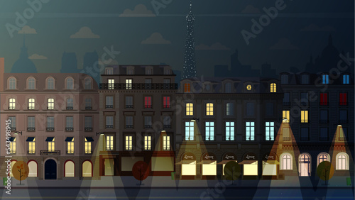 vector illustration in paris the night comes. The transition from evening to night on the street in Paris, lights are on, lights are on in the windows, a beam on the Eiffel Tower