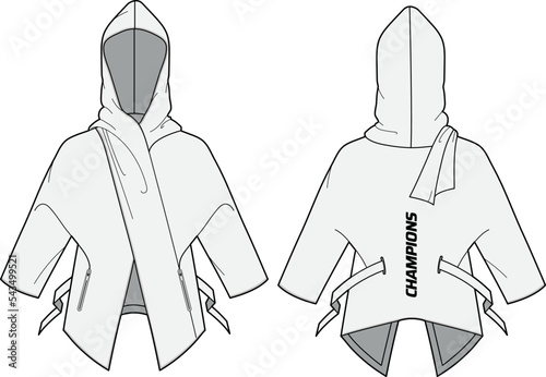 Fighter Kimono Hoodie jacket design flat sketch illustration for men and women with front and back view, Combat kimono tech hoodie
