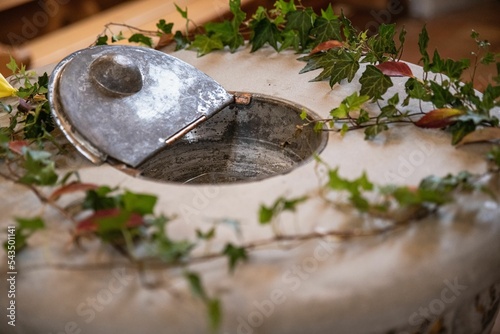 Fotografie, Tablou Selective focus closeup of a baptismal font covered with leaves
