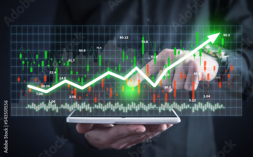 Human showing graph and stock market statistics. Forex trading analysis