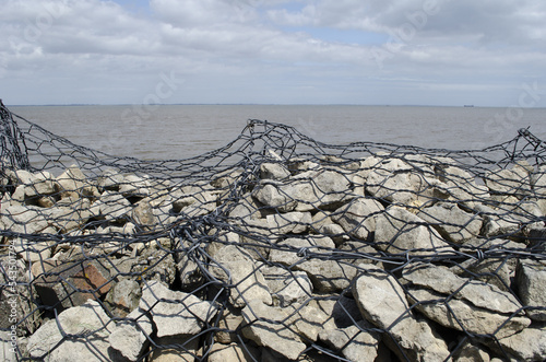 Sea defences (gabions) on North Yorkshire coast